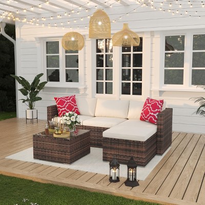 5-Piece Rattan Patio Set, All-Weather Wicker Sofa w/Glass Table and Ottoman, Anti-Slip Cushions - For Balcony, Porch, Garden