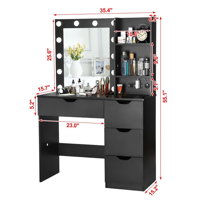 Makeup Vanity with Drawers, Black Dressing Table with Mirror and Lights in 3 Colors 12 LED, 5 of 7