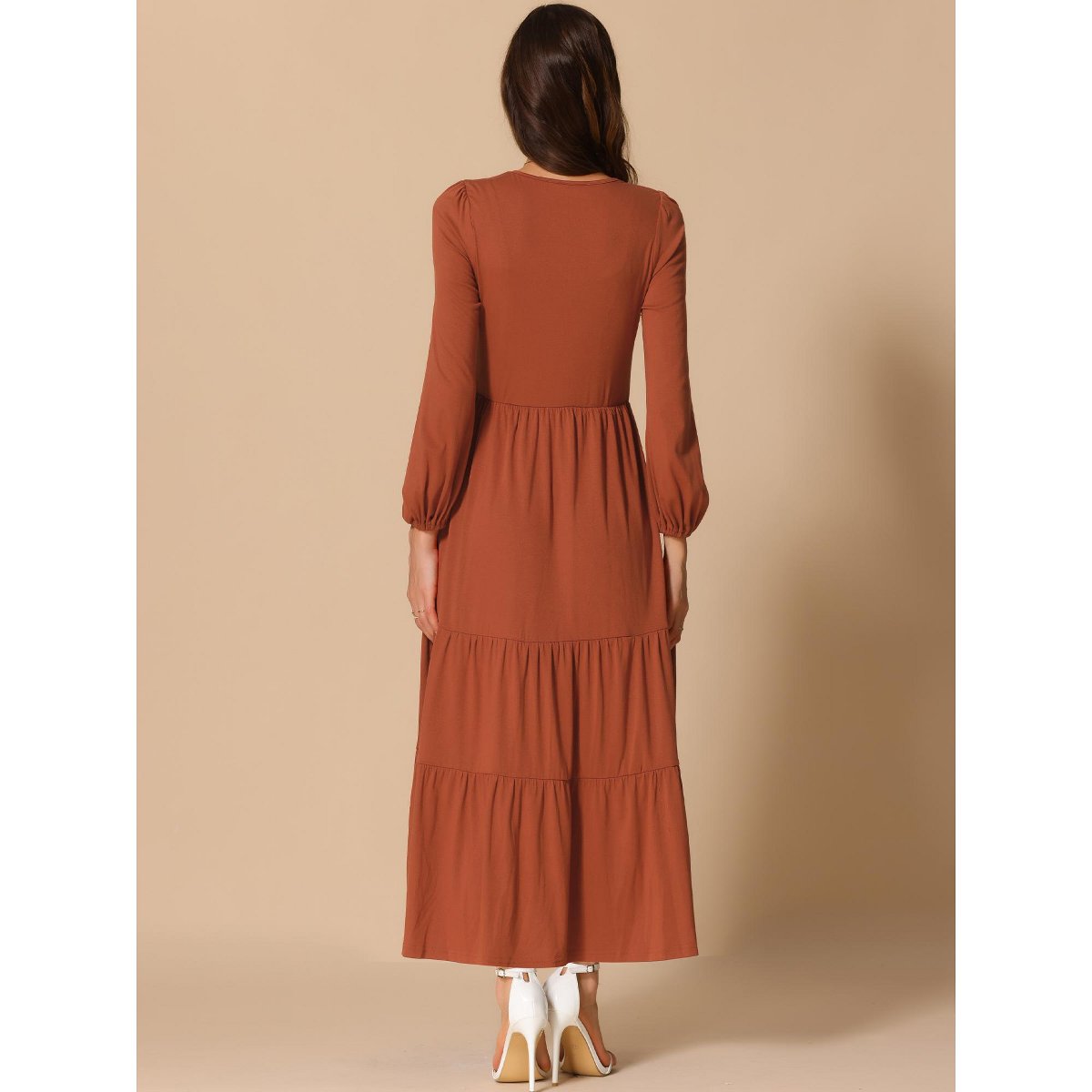 Женские платья INSPIRE CHIC Women's Tiered Crewneck Long Sleeve Maxi Casual A-Line Dress with Pockets Orange Medium — фото 3