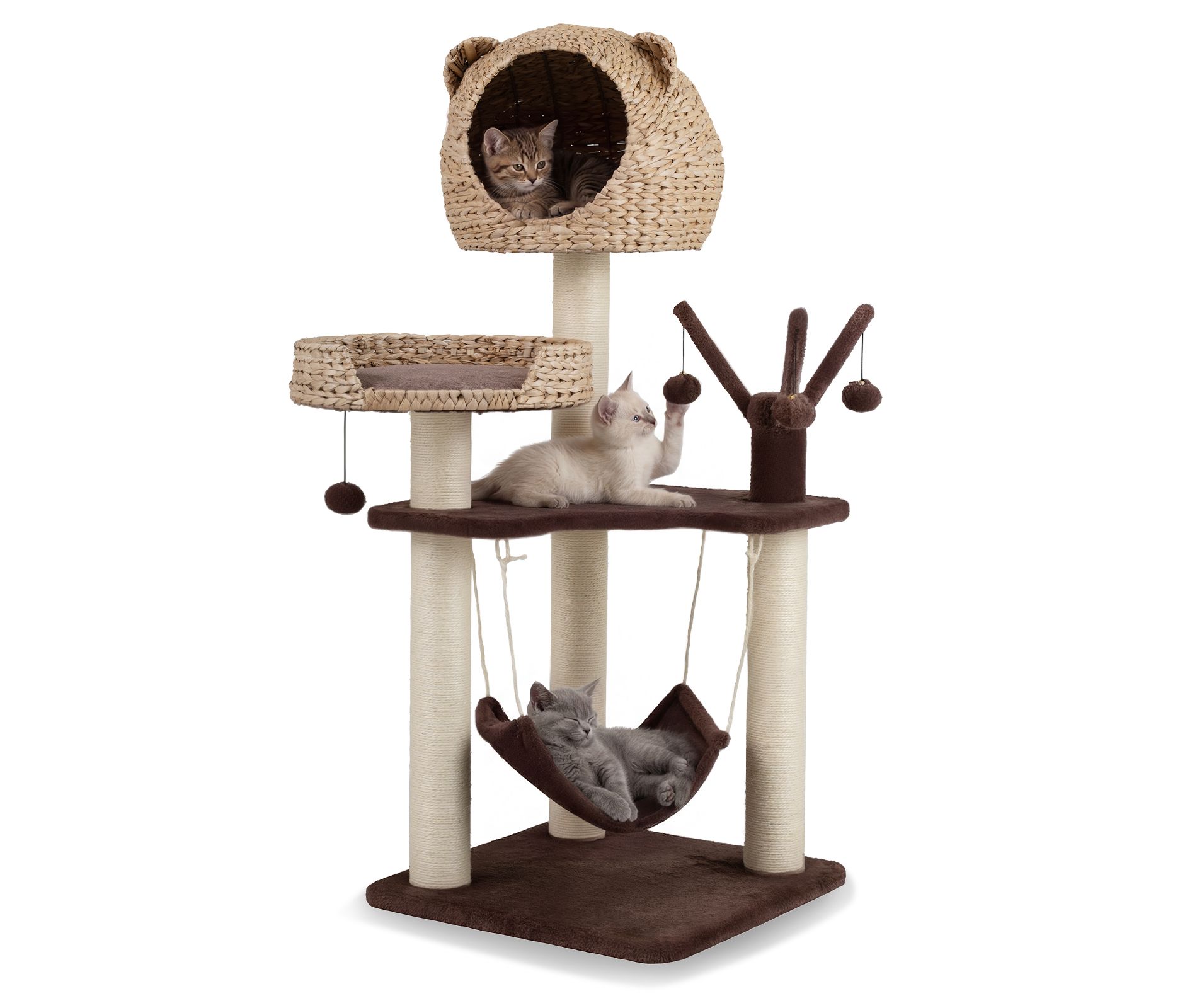 Costway Modern Cat Tree Tower with Natural Sisal Scratching Posts Hammock Balls for Kittens Brown/Natural