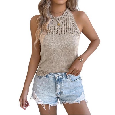 Cute Summer Tops for Women Lightweigt Crochet Sweater Tank Tops Crew Neck Ruffle Cuff Wide Strap Sweater Knit Cami Tops Summer Caual Tops