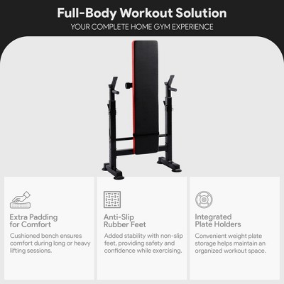 Adjustable Black and Red Iron Multifunctional Workout Bench with Squat Rack