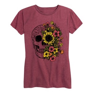 Women's - Instant Message - Half Skull Half Flowers Fall Short Sleeve Graphic T-Shirt - 1 of 4