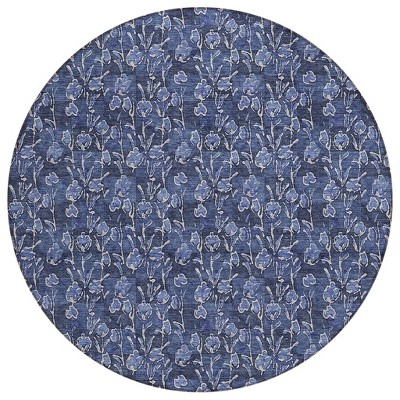 Navy Blue Denim Blue And Ivory Floral Washable Indoor Outdoor Area Rug