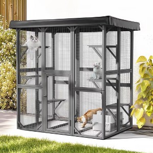 GOTGELIF 71" Wood Catio Weatherproof Cat Enclosure House With 6 Platforms - 1 of 4