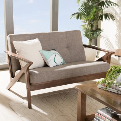Bianca Light Gray Faux Leather Tufted Loveseat with Walnut Wood Frame