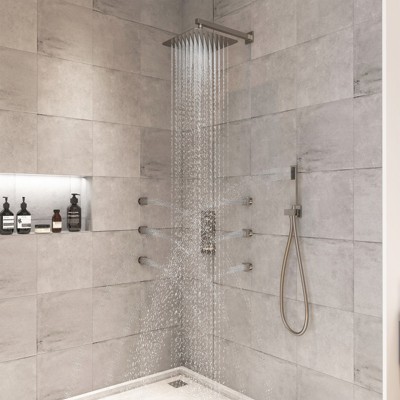 Brushed Nickel Wall Mounted Rain Shower System with 6 Body Jets