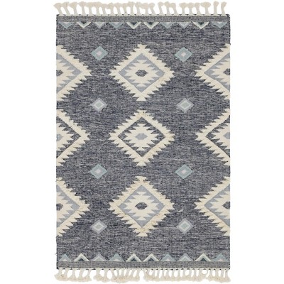 Dark Blue Geometric Wool 6x9 Area Rug with Fringe