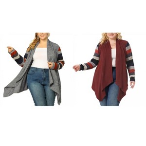 Agnes Orinda Women's Plus Size Open Front Long Sleeve Lightweight Stripe Long Cardigan - 1 of 4