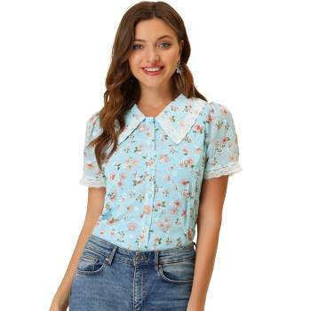 Allegra K Women's Floral Shirt Self Tie Neck Valentine's Day Sweet Cute  Puff Sleeve Blouse at  Women’s Clothing store