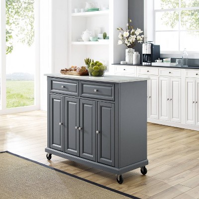 Traditional Gray Granite-Top Birch Kitchen Cart with Nickel Accents