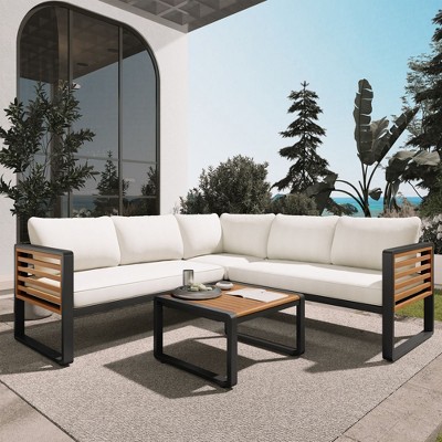 CAVINAS Outdoor Couch Set with Cushions and Coffee Table, Metal L Shaped Outdoor Couch, Modern Patio Sectional Furniture Set for Backyard