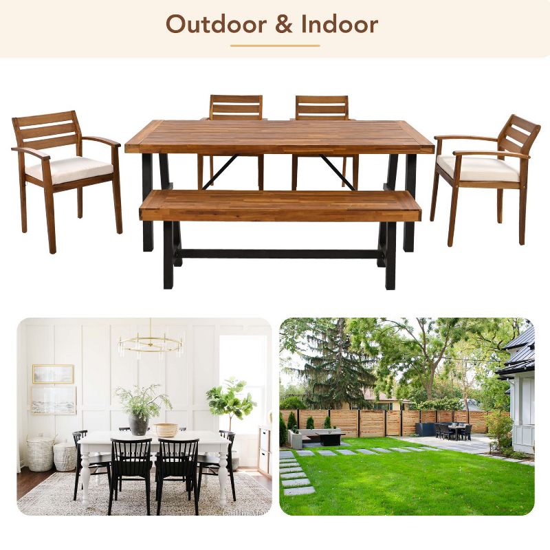 Janey 6-piece Acacia Wood Patio Dining Set, Outdoor Furniture with Removable Cushions, Ergonomic Chairs and Bench - Maison Boucle, 2 of 8
