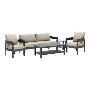 Greemotion 5pc Lotus Metal Frame Outdoor Patio Conversation Furniture Sets with Ceramic Top Side Table Black: Aluminized Finish - 1 of 4