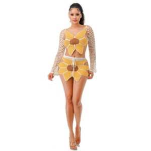 Slickblue Women's Crochet Two-Piece Set with Sunflower Motif, Long Sleeve Top & Adjustable Skirt, White/Black, Size S-L - 1 of 4