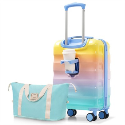 BEAFUP 20" Carry-on Luggage with Cup Holder – Set of 2 Lightweight Glossy Hardshell Suitcases with Spinner Wheels, TSA Lock