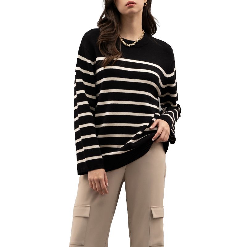 August Sky Women's Crew Neck Relaxed Fit Stripe Knit Sweater, 1 of 7