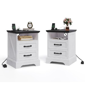 2 Pack Farmhouse Nightstand with Charging Station, Large Rustic Bedside Table with 2 Drawers & Open Shelf for Bedroom,Living Room - 1 of 4