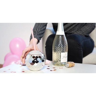 Silver Disco Ball Drink Tumbler with Pink Straw