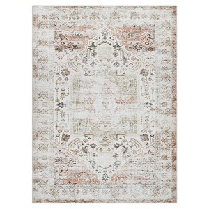 Non-Slip Machine Washable 2x3 Vintage Print Area Rug, Distressed Low Pile Entryway Doormat for Kitchen Bathroom Bedroom, Taupe - 1 of 4