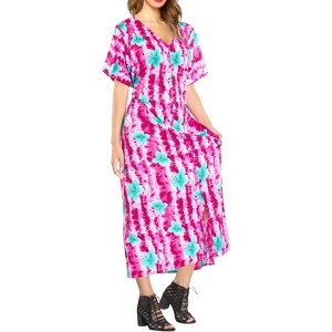 LA LEELA Women's Summer Button Up Holiday Beachwear Bathing Suit Beach Long Shirts Cover ups Night T Shirt for Women Large-X-Large Pink, Floral - 1 of 4