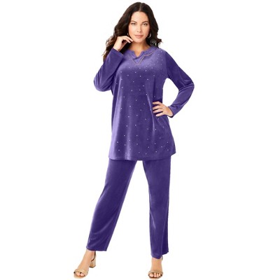 Roaman's Women's Plus Size Velour Tunic & Pant Set - 34/36, Purple : Target