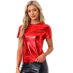 Allegra K Women's Party Metallic Short Sleeve Textured Shiny T-shirts - 1 of 4