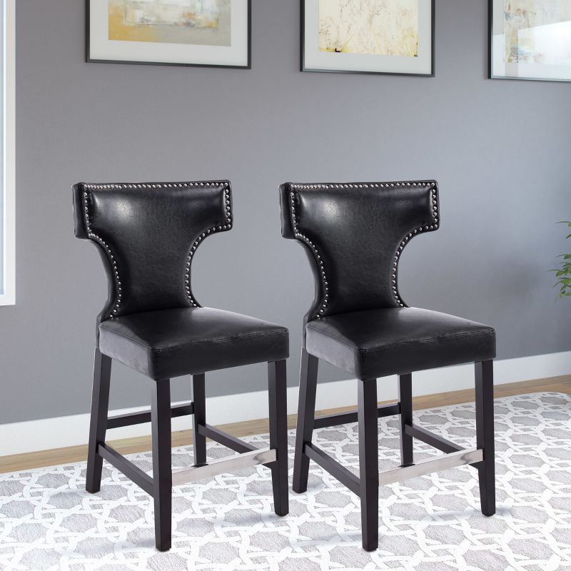 Set of 2 Kings Counter Height Barstool with Studded Bonded Leather Seat Black - Corliving, 3 of 4