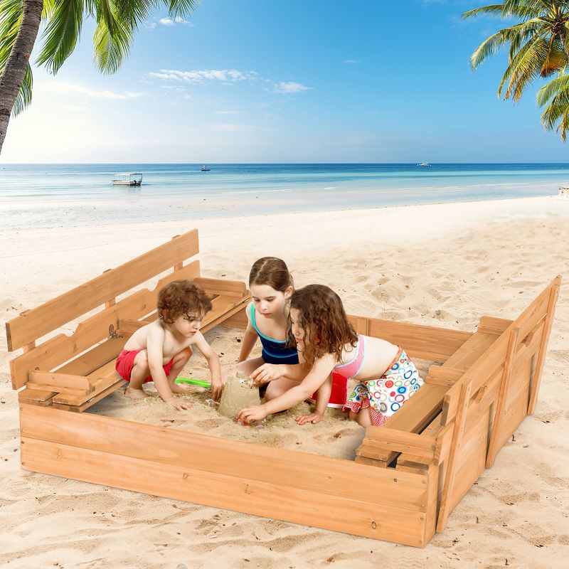 Costway Kids Large Wooden Sandbox w/Cover 2 Convertible Bench Seats for Outdoor Play, 3 of 11