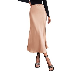 Women's 2025 Satin Midi Skirt - Elegant High Waist A-Line for Cocktail & Wedding Events Champagne - 1 of 4