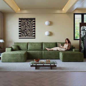 MAYEERTY 135" Cloud Sofa + Ottoman Green - 135" Green + Ottoman, Corduroy, No Assembly, Fits Apartment - 1 of 4