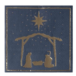 Juvale 50-Pack Blue Christmas Nativity of Jesus in Gold Foil Disposable Paper Cocktail Party Napkins - 1 of 4