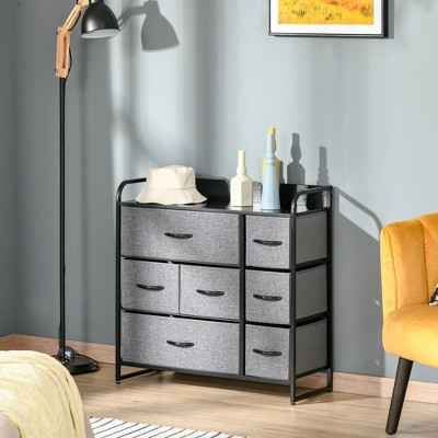 Gray Fabric 7-Drawer Dresser with Dark Wood Top and Steel Frame