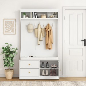 MAYEERTY Black 71" 6-in-1 Farmhouse Hall Tree with Shoe Storage, 7 Hooks & Bench - Entryway - 1 of 4