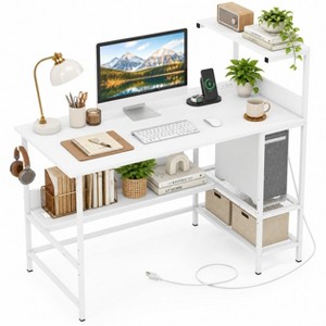 48 Inch Computer Desk with Power Outlets and Storage Shelves, White ...