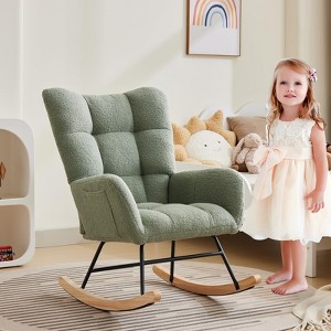 Comfy Nursery Rocking Chair, Teddy Upholstered Glider Rocking Chair with Ergonomic Backrest, Armrest, Side Pocket, Modern Reading Chair - 1 of 4