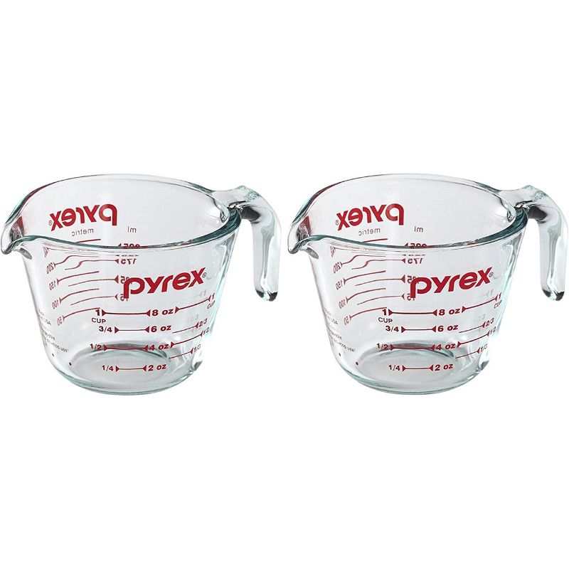 Pyrex Prepware 1-Cup Glass Measuring Cup, Clear with Red Measurements, Pack of 2 Cups, 1 of 6