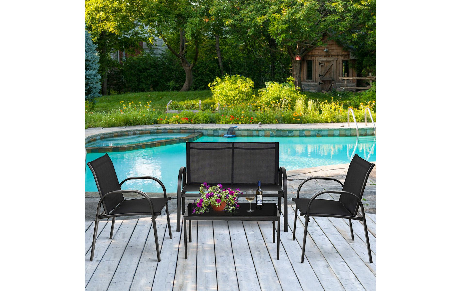 Costway 4 PCS Patio Furniture Set Sofa Coffee Table Steel Frame Garden Outdoor Deck
