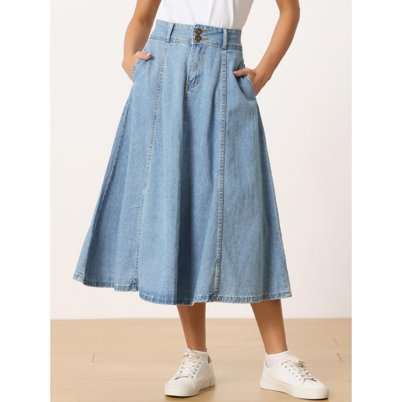 Allegra K Women's Long High Rise Button Front A-line Classic Jean Skirts, 3 of 6