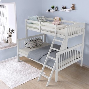 Costway Twin over Full Bunk Bed Rubber Wood Convertible with Ladder Guardrail - 1 of 4