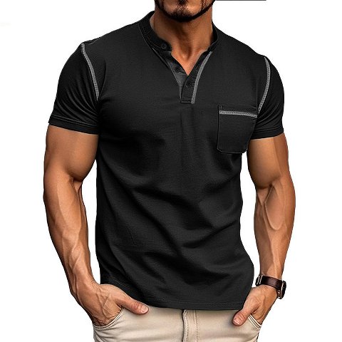 Мужские рубашки Attraco Men's Short Sleeve Henley Shirt with Chest Patch Pocket & Tailored Stitching Tops Black L