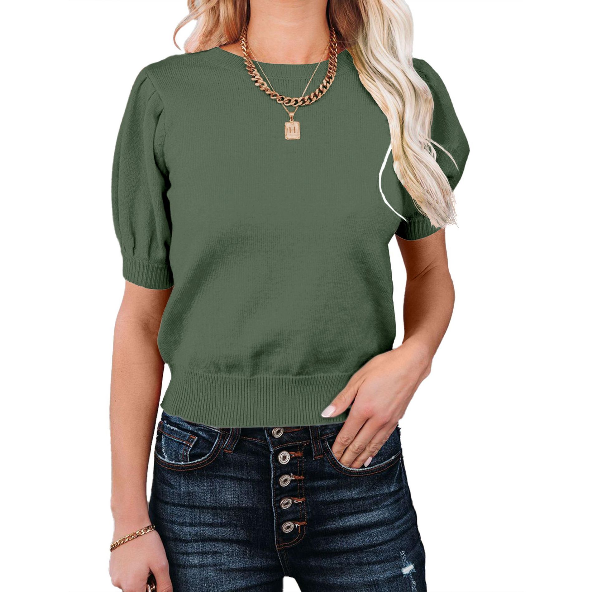 Women's Puff Short Sleeve Sweater Tops Crew Neck Knit Soft Pullover Spring Summer Casual T Shirts Blouses