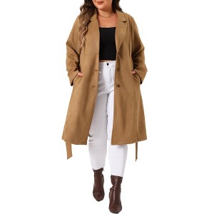 Agnes Orinda Women's Plus Size Faux Suede Notched Lapel Long Sleeve Pocket Long Trench Overcoats - 1 of 4
