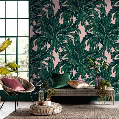 Blush Pink and Green Tropical Palm Leaf Wallpaper