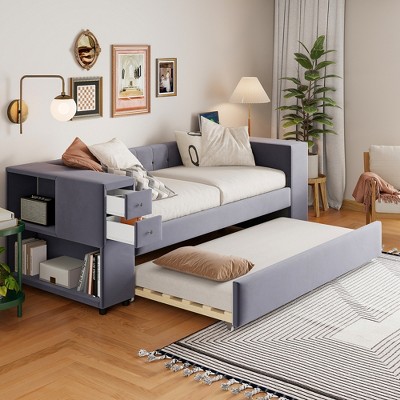 TIRAMISUBEST Twin Size Upholstered Daybed with Storage Shelves and Twin Size Trundle, French Velvet Sofa Bed Frame with USB Charging Ports and Drawers