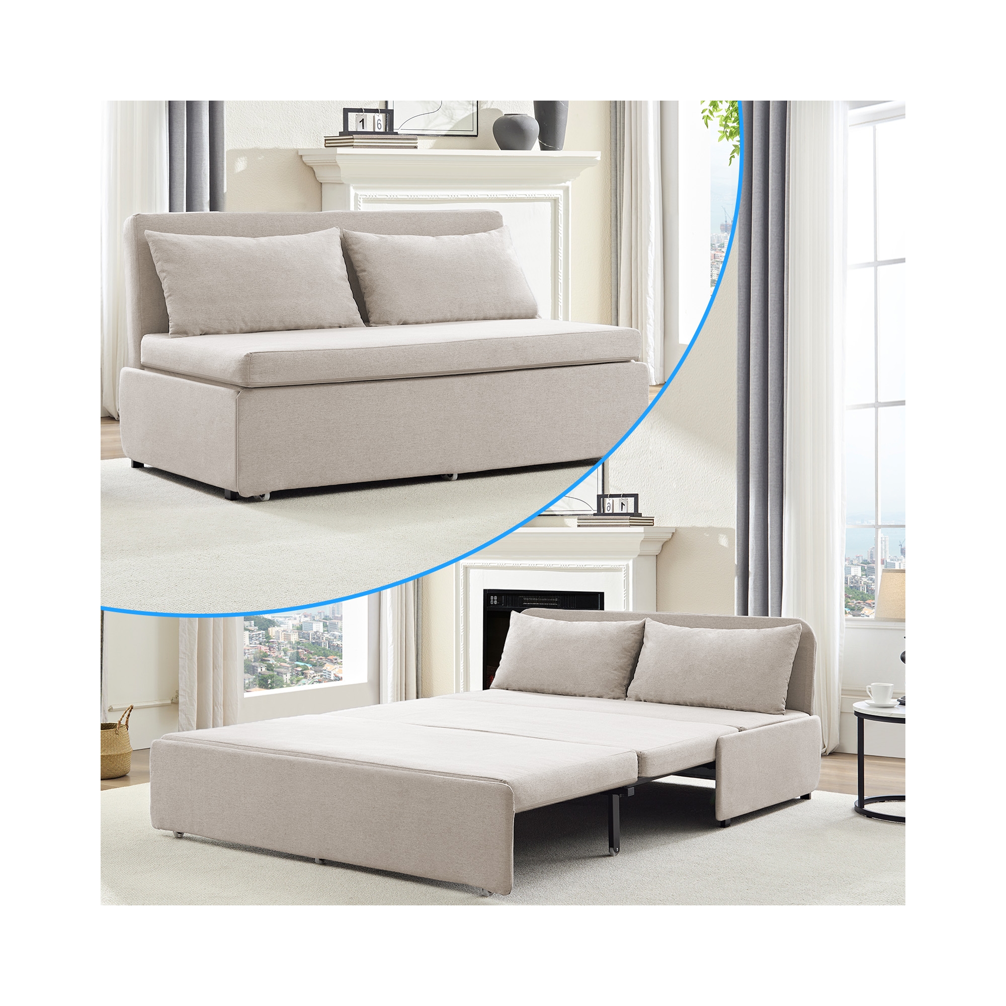 Mjkone Queen Size Sofa Bed, 2 in 1 Convertible Linen Loveseat Sleeper Sofa Couch with Cushions,Beige