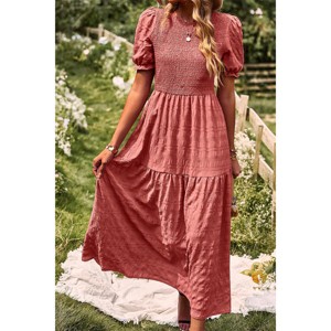 Women's Puff Short Sleeve Smocked Midi Dress Casual Summer Floral Print Elastic Waist Tiered A Line Maxi Dress - 1 of 4