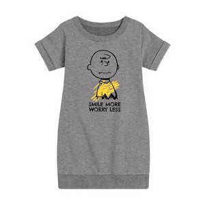 - Peanuts - Smile More Worry Less Graphic Short Sleeve Fleece Dress - 1 of 4