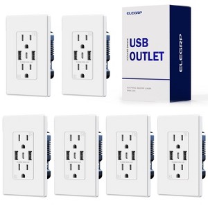 ELEGRP 3 Ports Dual Type A & Type C USB Charger Wall Outlet, 15 Amp Tamper-Resistant Outlet, with Wall Plate, White(6 Pack) - 1 of 1