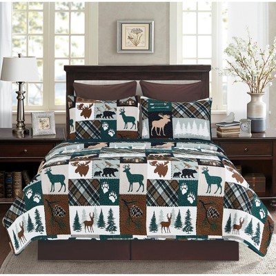 Full/Queen Brown Cotton Reversible Quilt Set with Wilderness Pattern